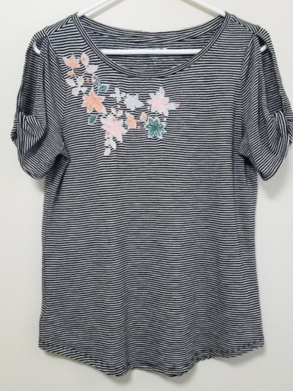 LOFT | Floral Embroidered Striped T-Shirt Tee S